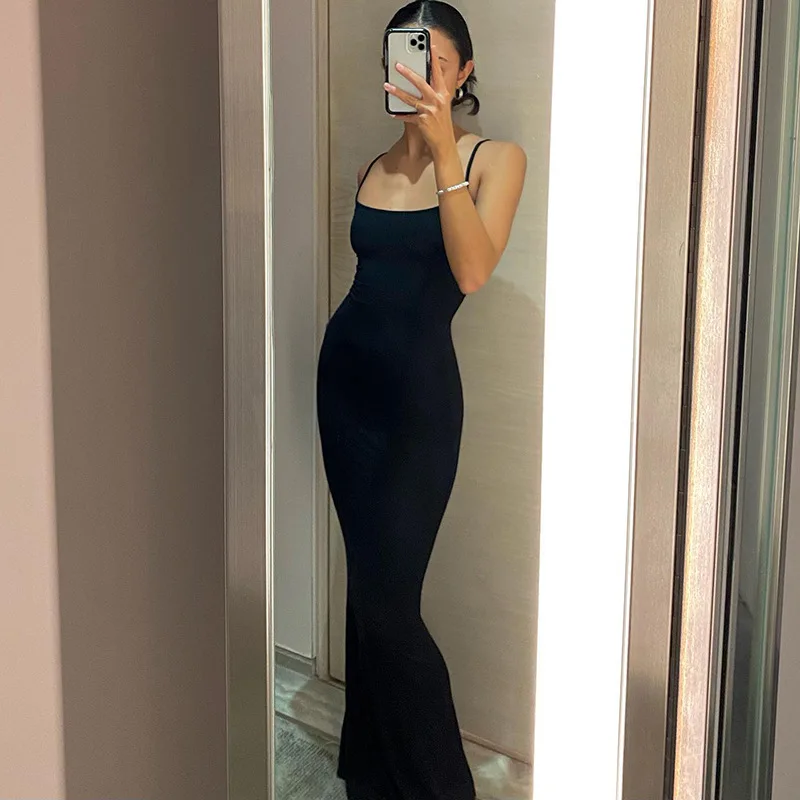 Dresses For Women 2025 Sexy Spaghetti Strap Black Long Dress Evening Y2k Sleeveless Solid Skinny Bodycon Maxi Vestidos