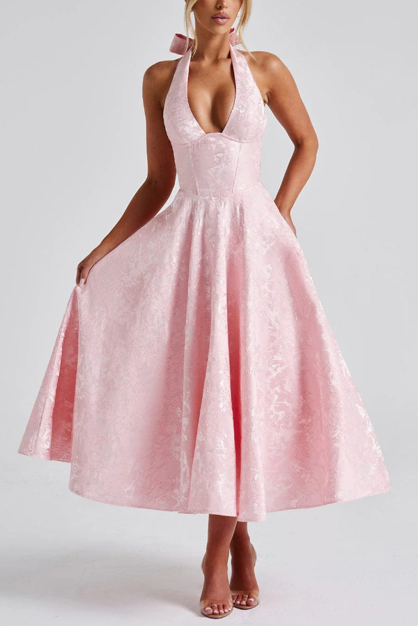 Stylish Jacquard Halter Neck Fitted Waist Open Back Elegant Midi Dress
