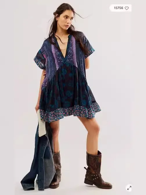 Color Vintage Print Mini Dresses Women Spring Summer New V-neck Short Sleeves Folds Loose Irregular Short Dress Fashion Vestidos 18 Color Vintage Print Mini Dresses Women Spring Summer New V-neck Short Sleeves Folds Loose Irregular Short Dress Fashion Vestidos