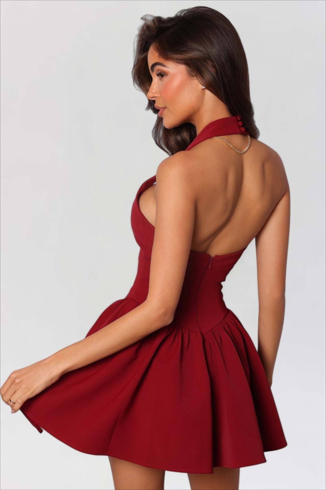 Halter Neck Square Neckline Fit and Flare Structured Mini Dress