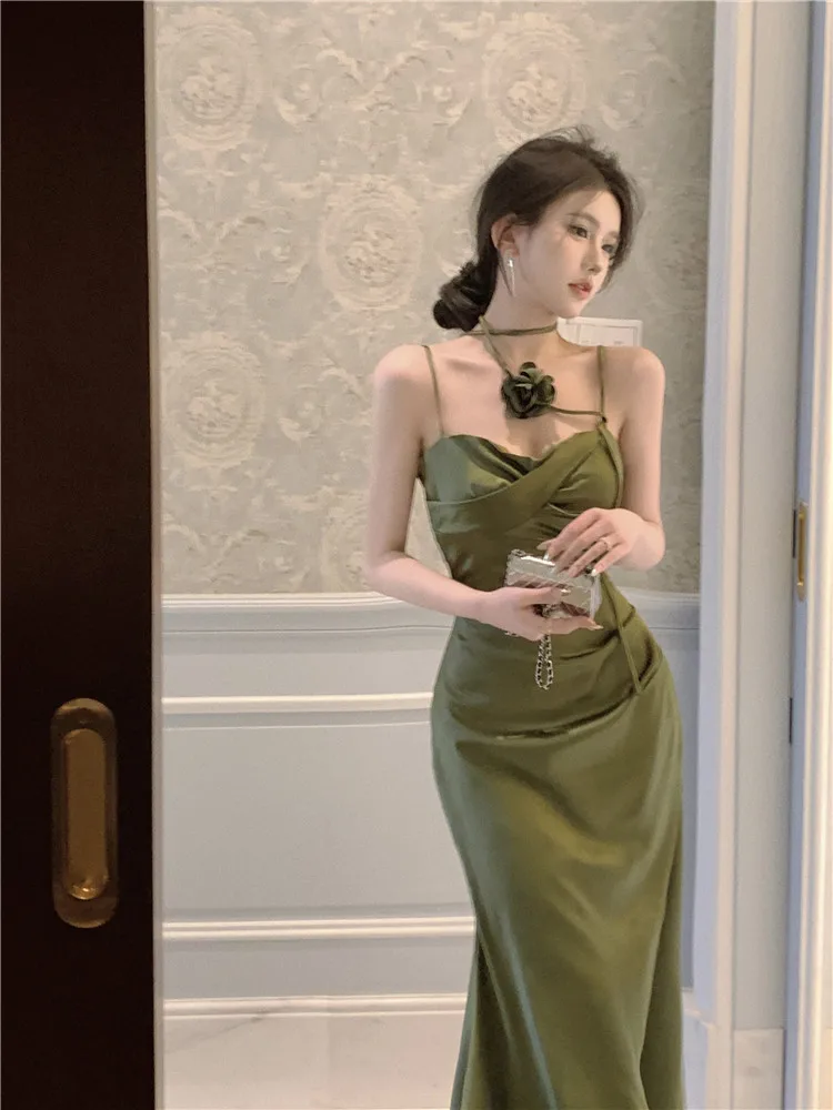 Elegant Solid Satin Midi Dress Women Spaghetti Strap Bodycon 3D Flower High Waist Slim Evening Party One Piece Lady Vestidos