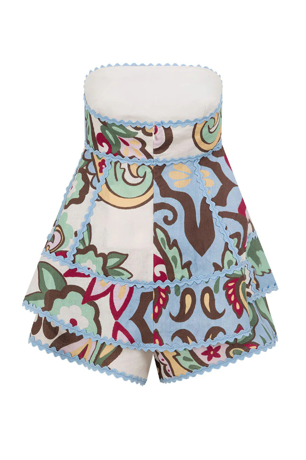 Unique Botanical Print Serrated Trim Sleeveless Off Shoulder Top and Elastic Waist Casual Shorts Set