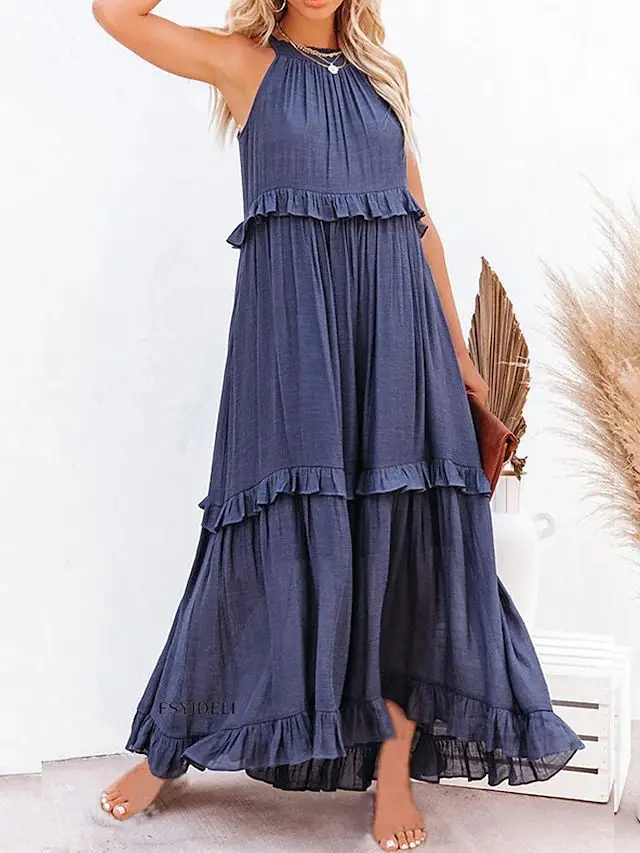 Summer Vacation Style Halter Neck Long Dresses Women Fashion Backless Leace-up Loose Ruffles Beach Dress Elegant Ladies Vestidos 21 Summer Vacation Style Halter Neck Long Dresses Women Fashion Backless Leace-up Loose Ruffles Beach Dress Elegant Ladies Vestidos