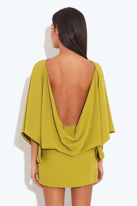 Deep Back Cowl Neck Draped Wing Sleeve Loose Mini Dress