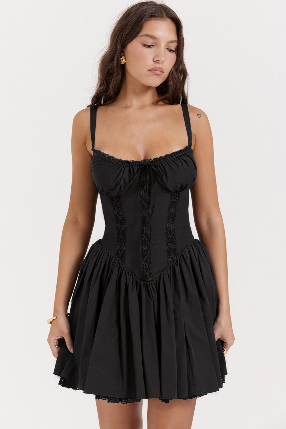 Ditsy Floral Square Neck Lace Trim Bustier Tiered Ruffle Hem Mini Dress