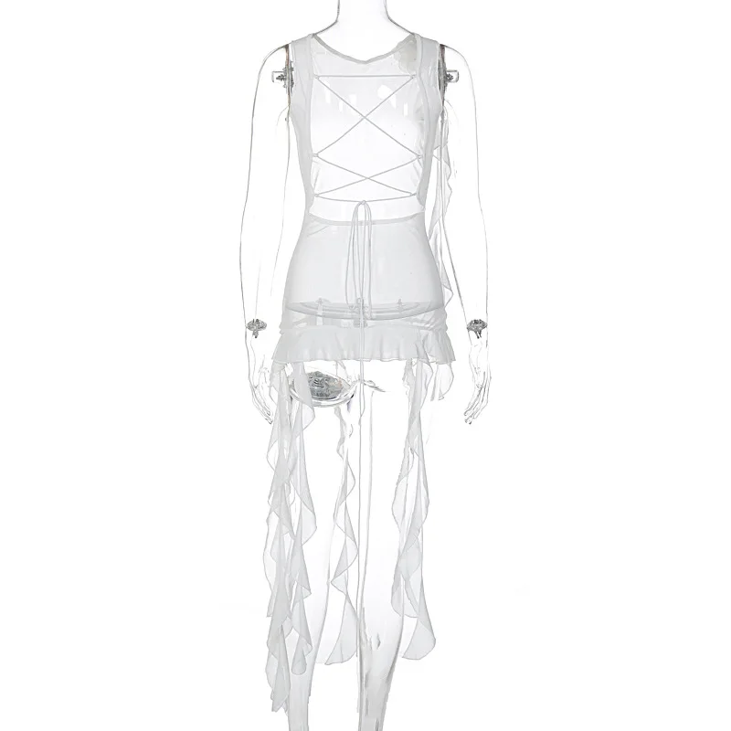 Ootddress See Through Mesh Sexy Backless Crop Top T Shirt For Women Ribbons Lace Up Splice Fungus Solid Hot Girl Club Summer New