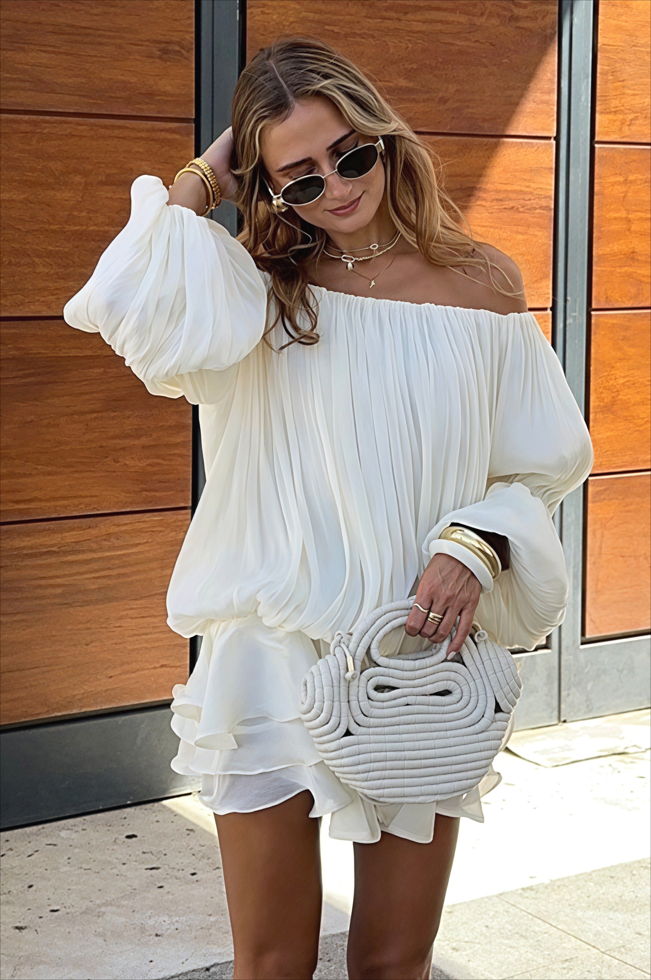 Off Shoulder Pleated Balloon Sleeve Tiered Ruffle Mini Dress