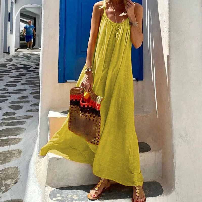 Bohemian Solid Color Spaghetti Strap Dresses Women Loose Sexy Backless Beach Vacation Long Dress Female Fashion Casual Vestidos