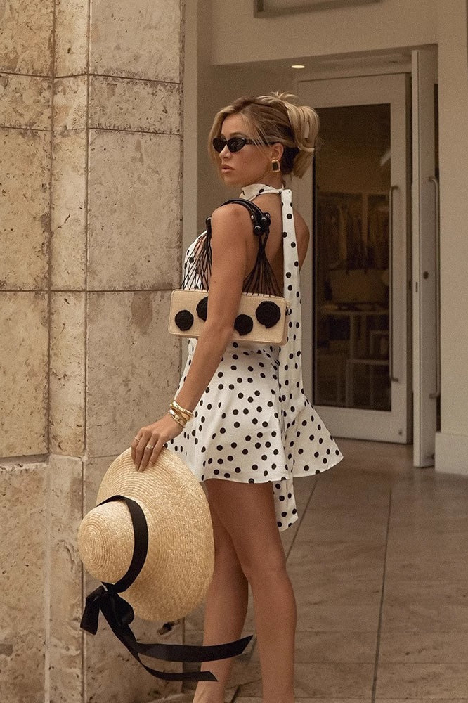 Polka Dot Halter Neck Gathered Waist Flared Mini Dress