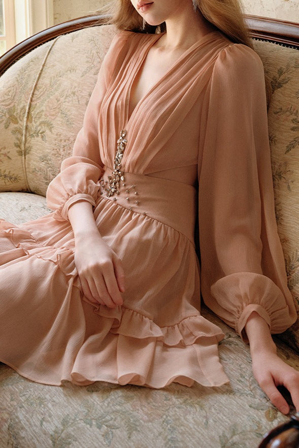 Rhinestone Deep V-Neck Bishop Sleeve Cut Out Waist Tiered Chiffon Mini Dress