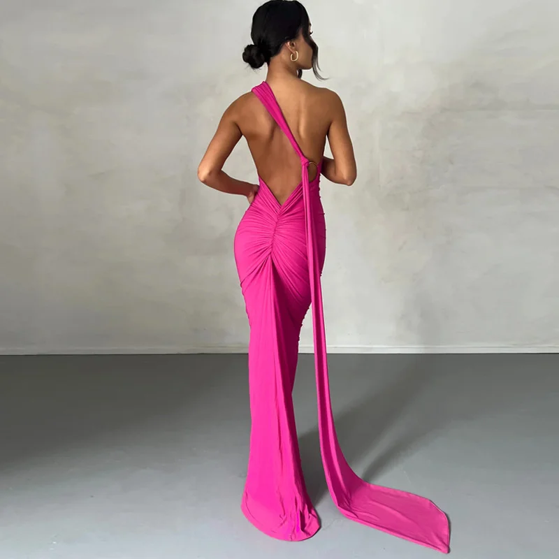 Ootddress Oblique Shoulder Backless Maxi Dress For Women Gown Summer Back Strap Sleeveless Ruched Party Sexy Long Dress Vestidos
