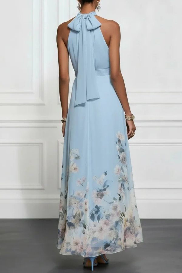Floral Print Halter Neck Sleeveless Elegant Waist-cinching Maxi Dress
