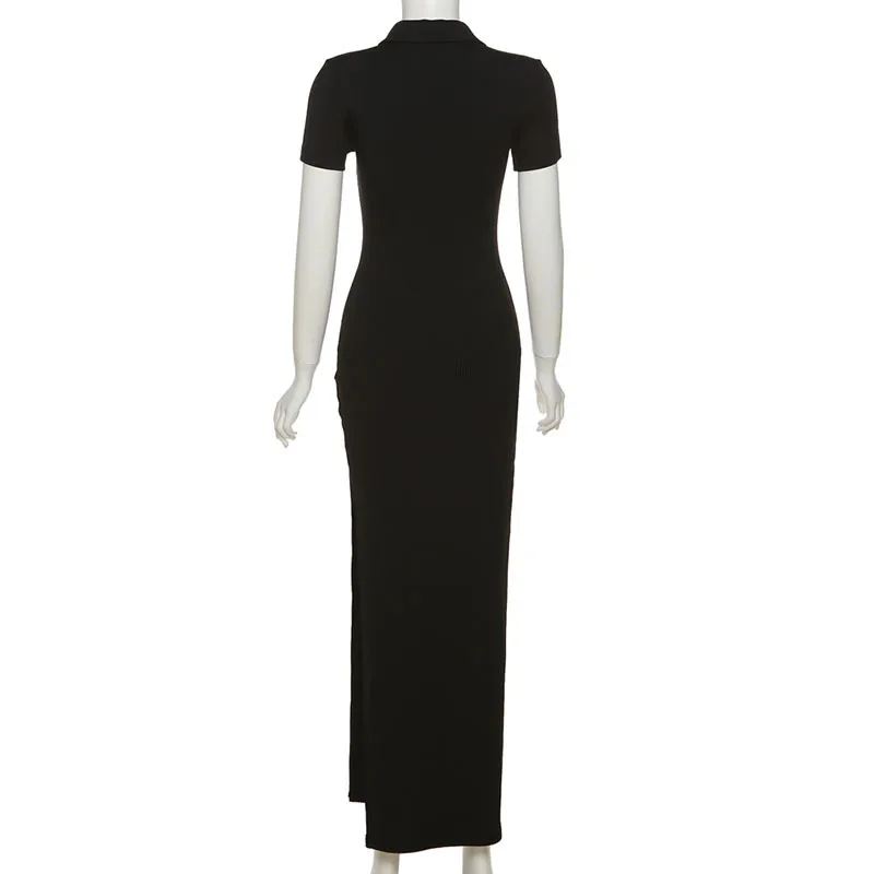 Ootddress Knitted Women Bodycon Dress Sexy V-Neck Short Sleeve Split Long Dresses Autumn Black High Street Casual Party Vestidos 17 undefined