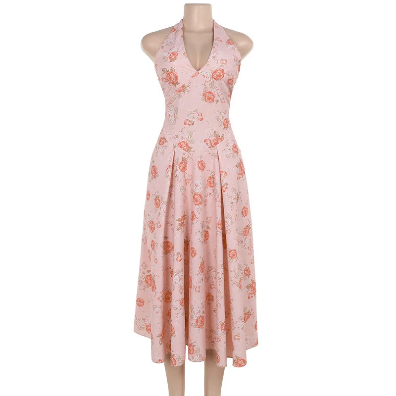 Ootddress Sexy Print Deep V-neck Sleeveless Backless Neck-mounted Dress Women Slim High Waist Birthday Party Dress Femme Outfits