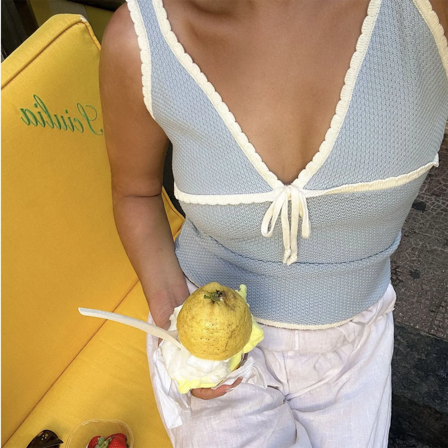 Ootddress Contrast Lace-Up Backless Tank Top For Women Summer Fashion V-Neck Cropped Y2k Top Vest Strapless Slim Female Tank Top New