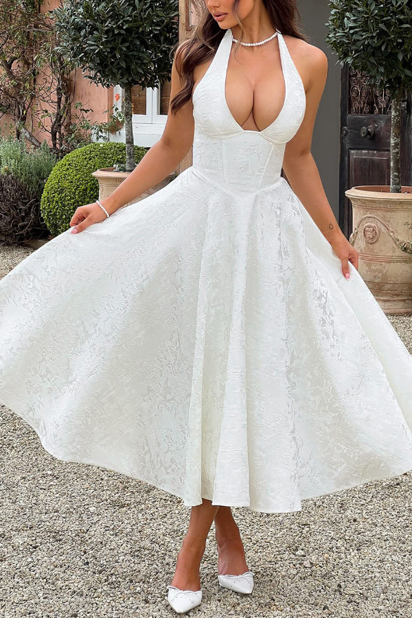 Stylish Jacquard Halter Neck Fitted Waist Open Back Elegant Midi Dress