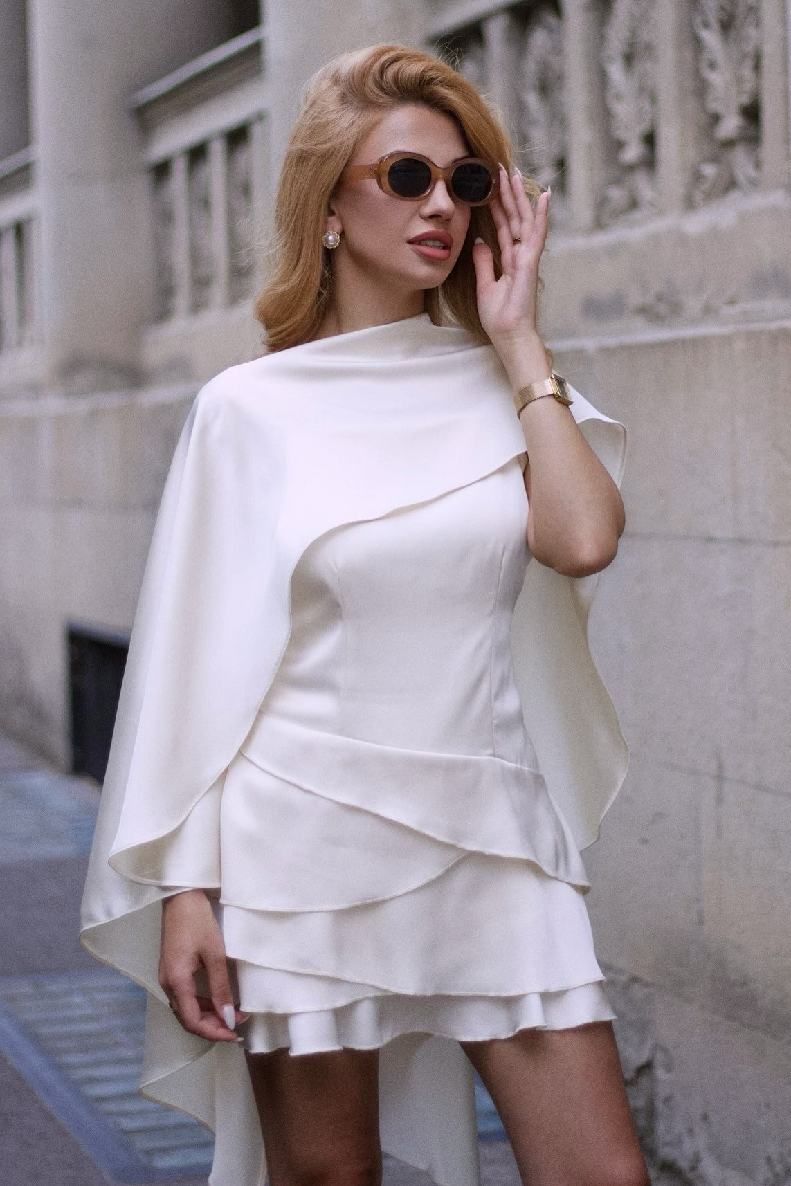 High Neck Ruffle Collar Cape Overlay Tiered Ruffle Hem Satin Mini Dress