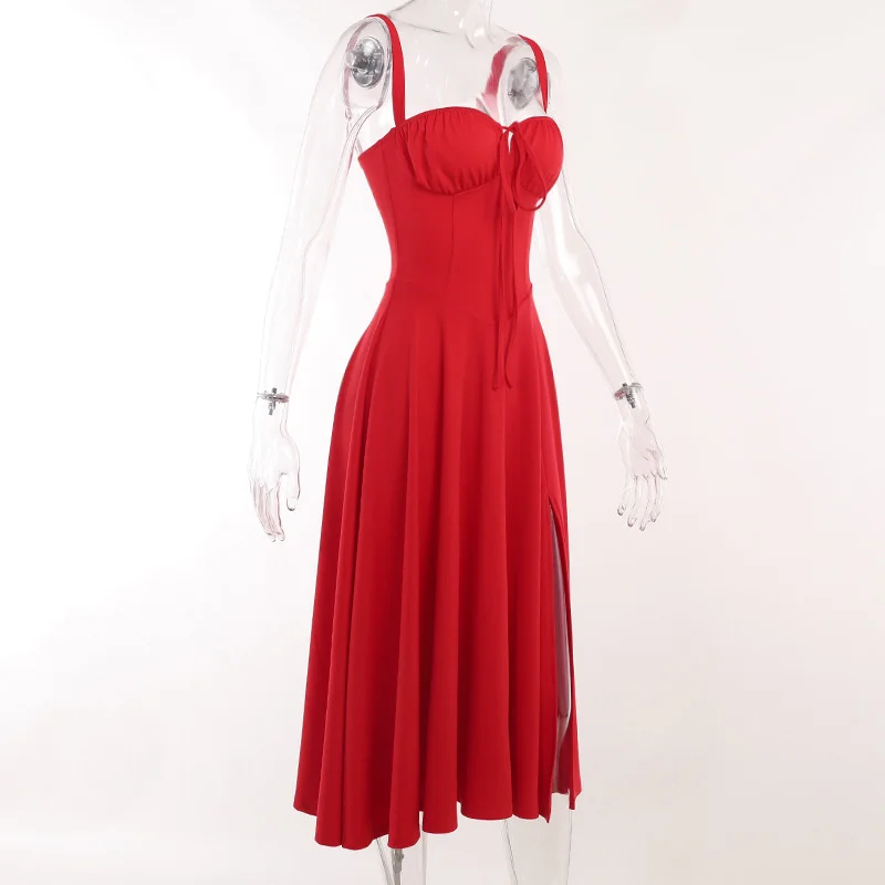 Ootddress Elegant Backless Split Midi Dress For Women Robe Spaghetti Strap Sleeveless Lace-up Pleated Party Long Dress Vestido
