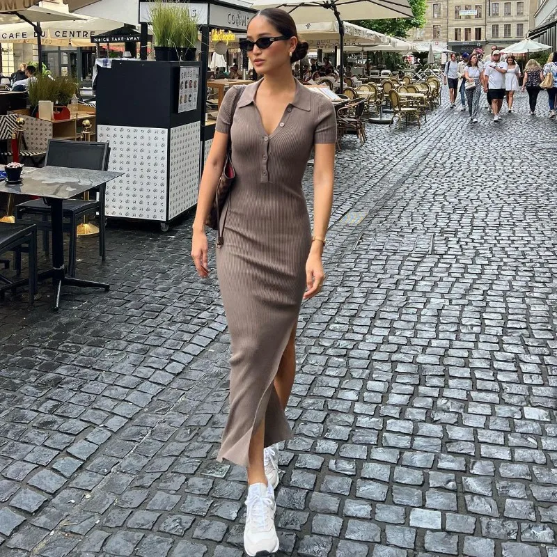 Ootddress Knitted Women Bodycon Dress Sexy V-Neck Short Sleeve Split Long Dresses Autumn Black High Street Casual Party Vestidos 7 undefined