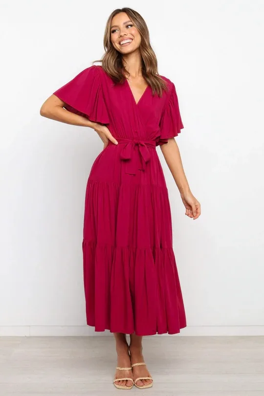 Trendy Solid Color Ruffles Long Dresses Women Sexy V-neck Ruffle Sleeves Leace-up Temperament Elegant Lady Dress 2025 Summer New 27 undefined