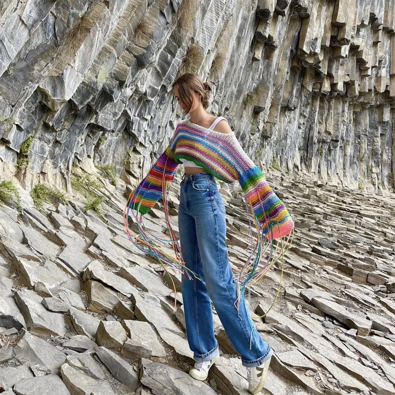 Ootddress Tassel Contrast Holiday Sweater Pullovers For Women Loose Flared Sleeve Beach Boho Knit Female Cover up Pullover Crop top 30 Ootddress Tassel Contrast Holiday Sweater Pullovers For Women Loose Flared Sleeve Beach Boho Knit Female Cover up Pullover Crop top