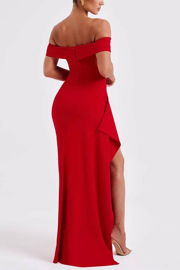 Off Shoulder Ruched High Split Bodycon Maxi Dress