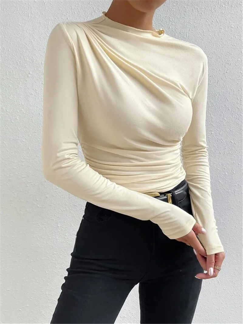 Ootddress Solid Casual Pleated T-shirt For Women Patchwork Long Sleeve High Waist Inner Ruffled Crop top Ladies Vintage Y2k Top Tee 10 Ootddress Solid Casual Pleated T-shirt For Women Patchwork Long Sleeve High Waist Inner Ruffled Crop top Ladies Vintage Y2k Top Tee