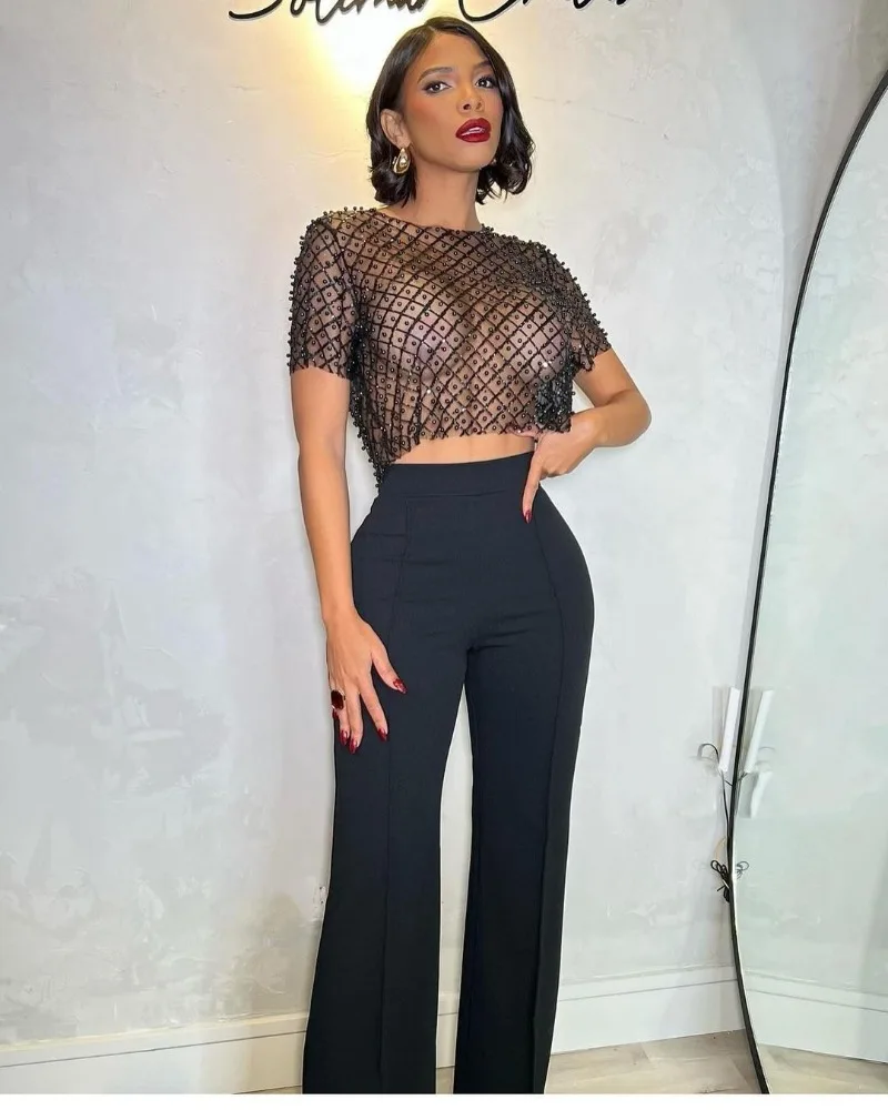 Ootddress Mesh Splice Sequins Cover-up Women Sexy See Through Short Sleeve Crop Tops Ladies 2025 Party Beach Shirts Cover Up Femme