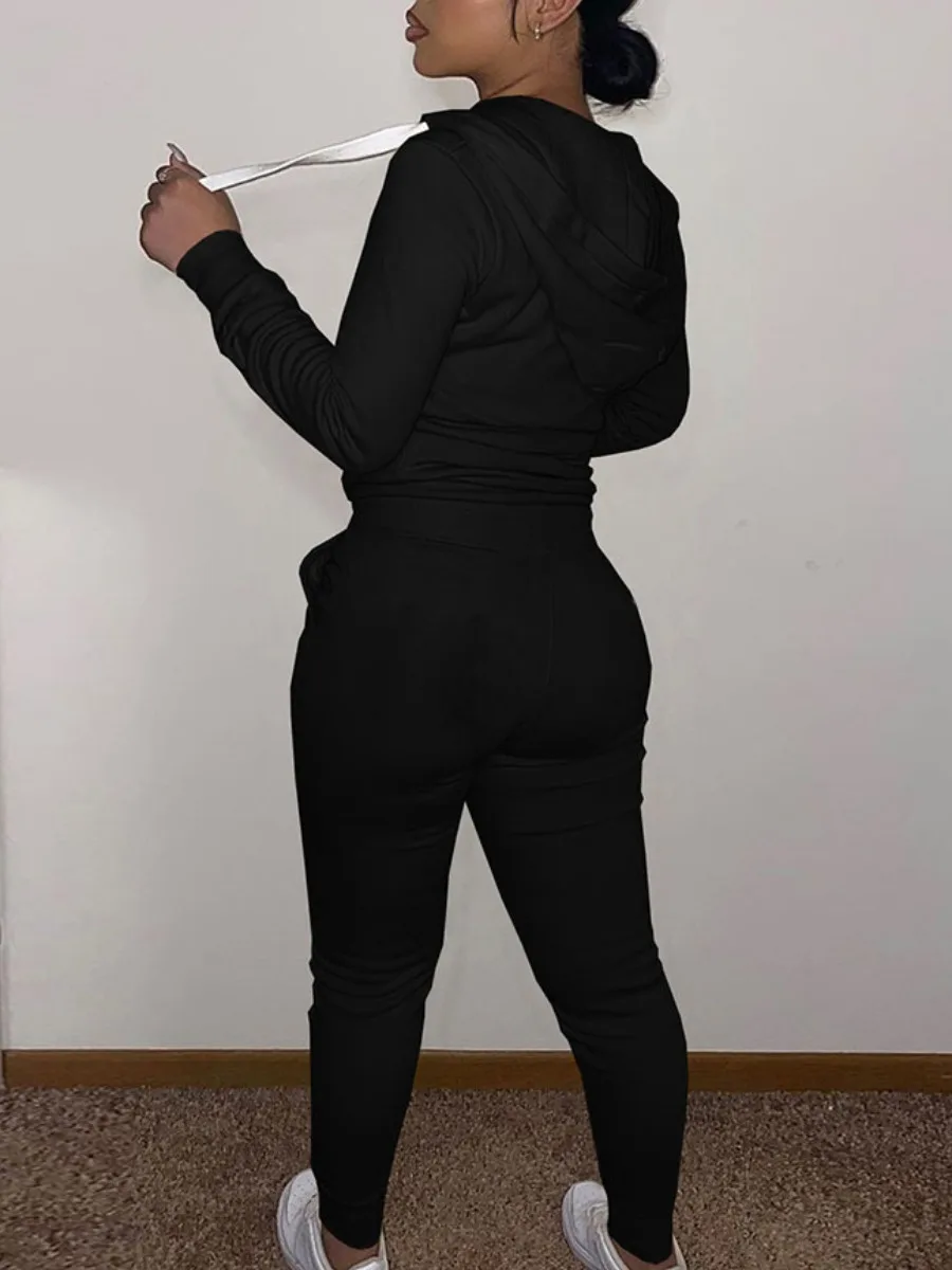 Simple Two Piece Set Women Casual Sporty Long Sleeve Zipper Design Top Hooded Collar Broken Heart Print Female Tracksuit Set