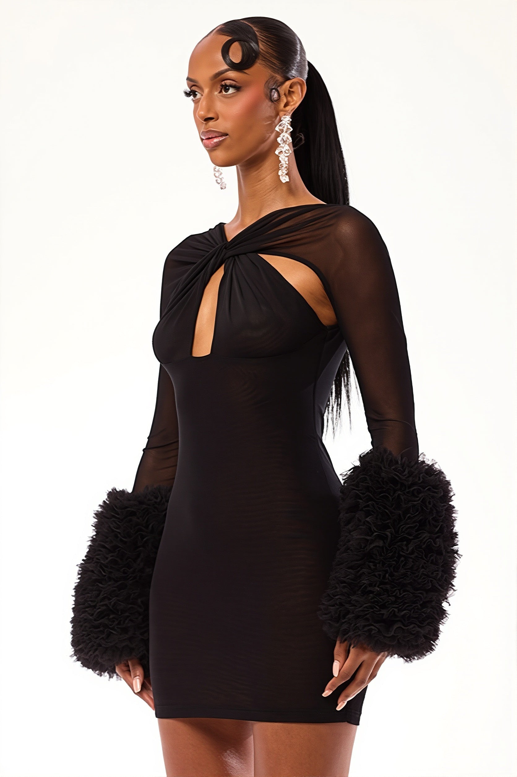 Twist Neck Keyhole Sheer Mesh Faux-Fur Cuff Bodycon Mini Dress