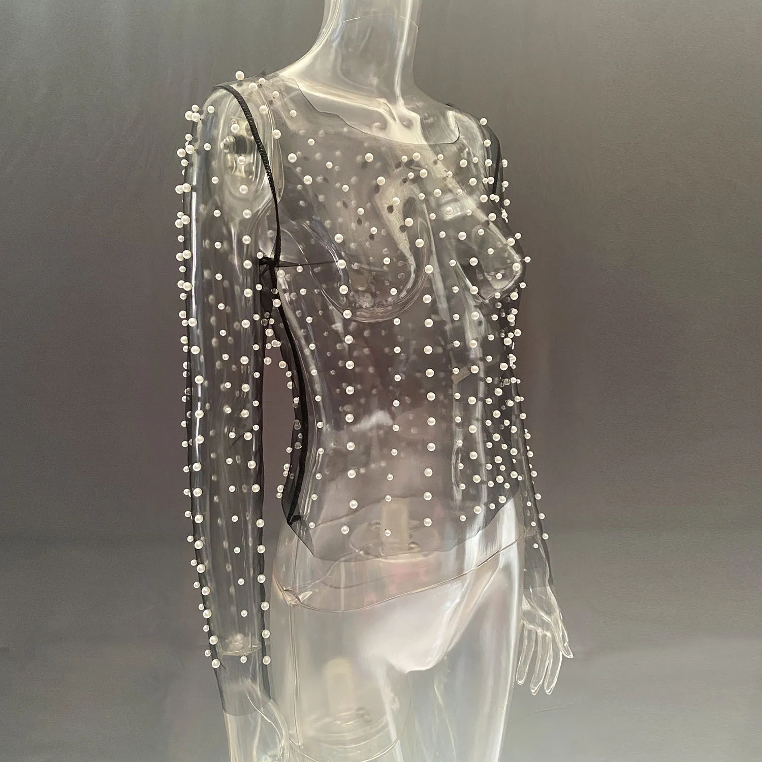 Ootddress Summer Long Sleeve Beach Top Mesh For Women Sheer Lace See-Through Crop top Pearls Cover up Slim Nude sexy Party Outfits