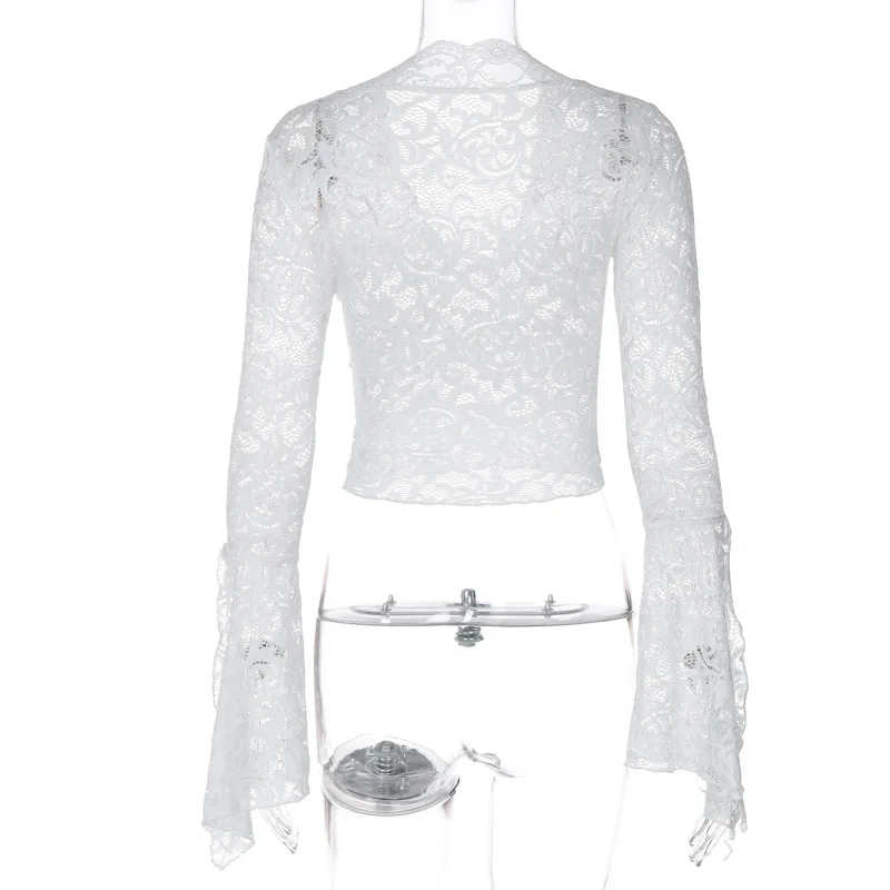 Ootddress Lace See-Through Sexy Y2k Top T-shirt Women V-Neck Patchwork Hollow Out Fashion Cropped Top Night Club Clothes Crop top