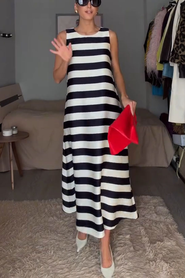 Elara Satin Striped Contrast Print Sleeveless Pocket A-line Maxi Dress