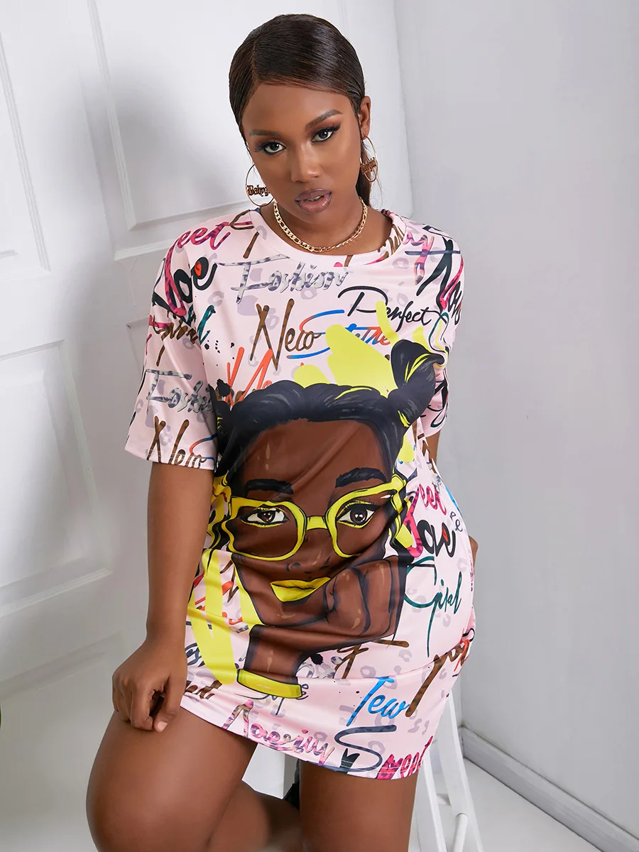 Plus Size Graffiti Figure Print Dress Drop Shoulder Streetwear Stretchy Half Sleeve Pullover Boyfriend Tee Lady Outfits 9 Plus Size Graffiti Figure Print Dress Drop Shoulder Streetwear Stretchy Half Sleeve Pullover Boyfriend Tee Lady Outfits