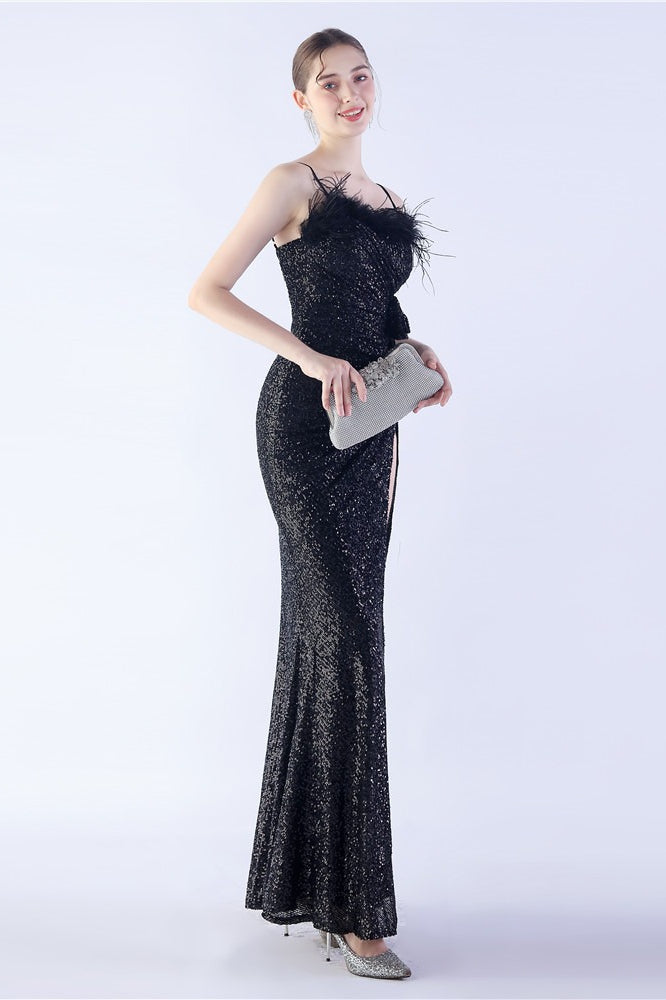 Ostrich Feather Embellished Maxi Dress