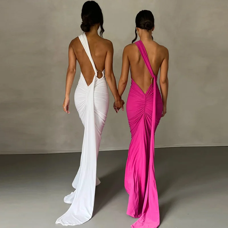 Ootddress Oblique Shoulder Backless Maxi Dress For Women Gown Summer Back Strap Sleeveless Ruched Party Sexy Long Dress Vestidos