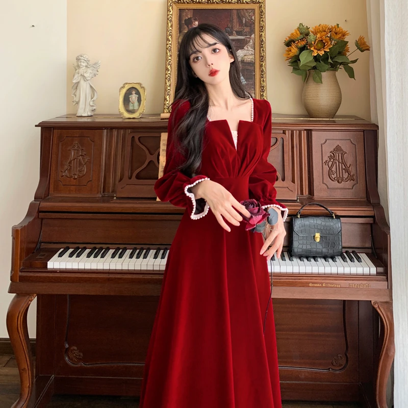 French Vintage A-line Wedding Party Dress Women Autumn Elegant Long Sleeve Backless Red Vestidos Mujer Princess Robe Spring New