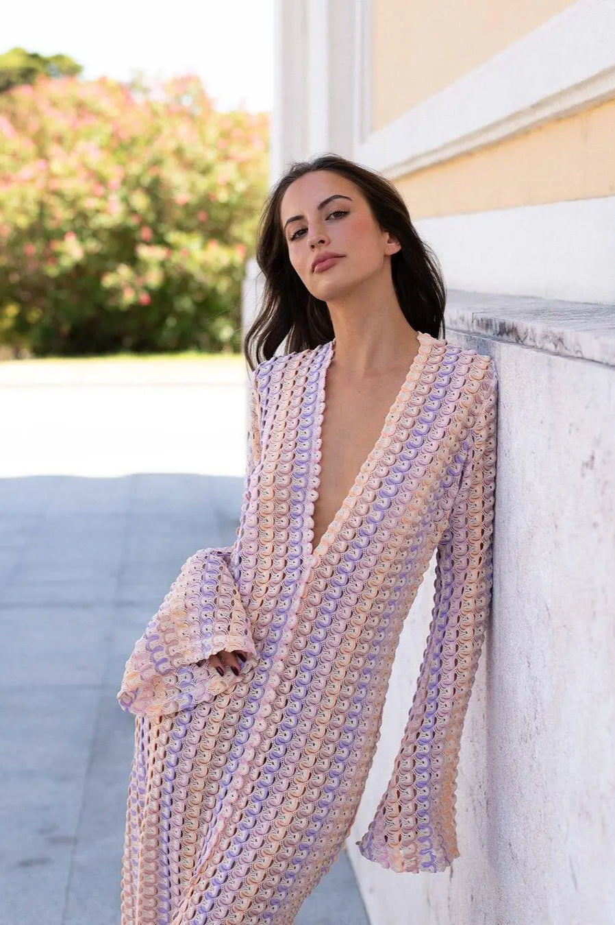 Deep V-Neck Bell Sleeve Geometric Crochet Knit Front Slit Maxi Dress