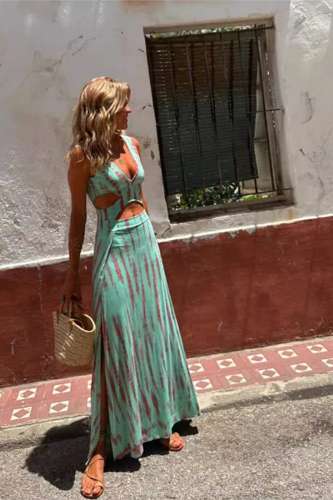 Batik Print Cutout Waist Side Slit Sleeveless Maxi Dress