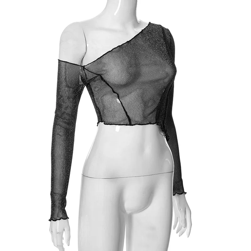 Ootddress Sheer Mesh Crop Top Tee Summer See-Through Streetwear One-Shoulder Tops For Women Slim Cropped Mesh Lace Black T-Shirt