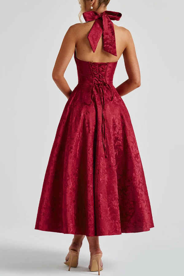Stylish Jacquard Halter Neck Fitted Waist Open Back Elegant Midi Dress