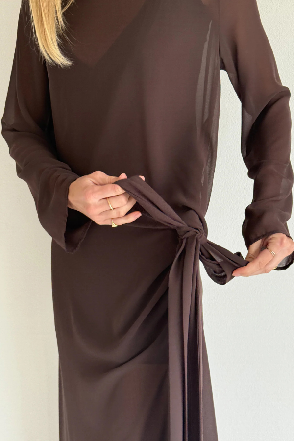Fashionable Mesh See-through Round Neck Long Sleeve Tie Bow Slit Maxi Dress