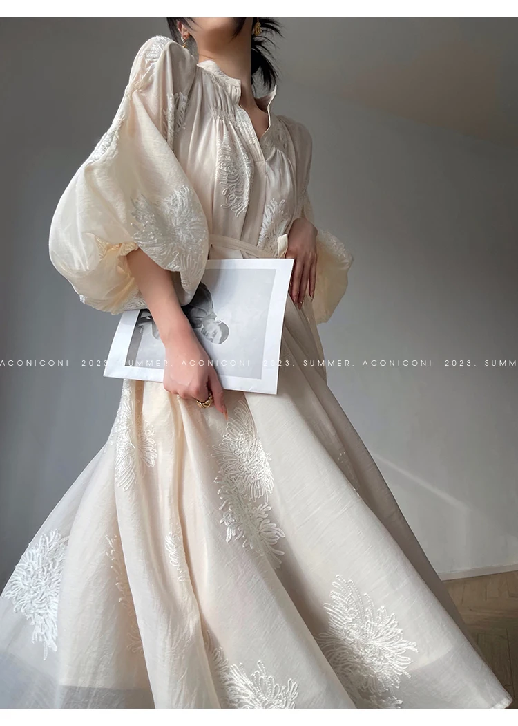 Spring Women Embroidery Evening Party Dresses Elegant Lantern Sleeve Vintage Casual A-Line Dress Female Fashion Vestidos Robe