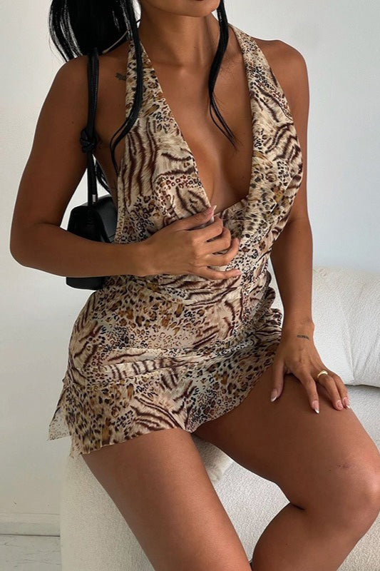 Mixed Print Deep V-Neck Ruched Halter Bodycon Mini Dress