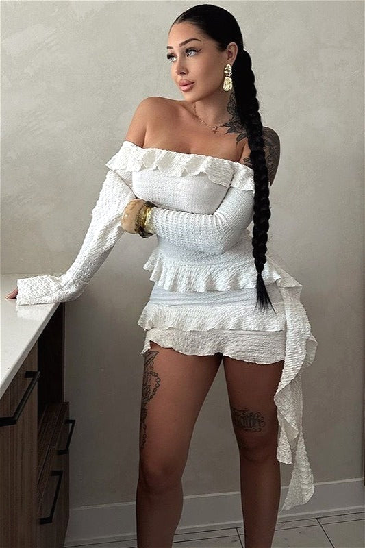 Off-Shoulder Tiered Ruffle Smocked Bell Sleeve Bodycon Mini Dress