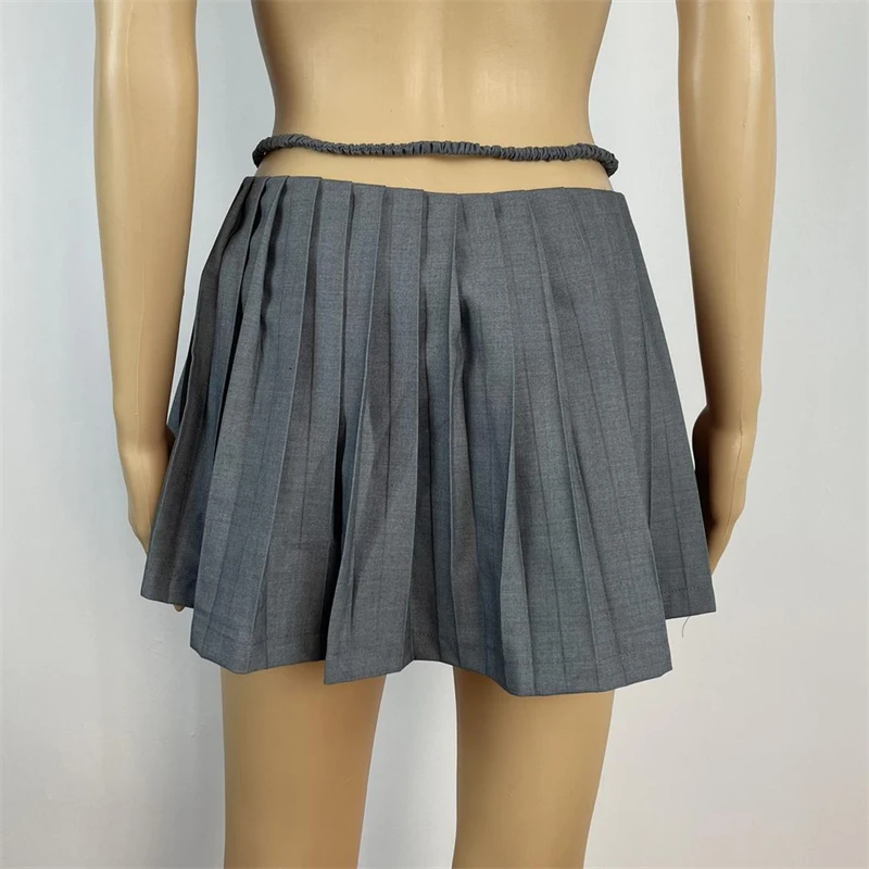 Ootddress New Y2k Mini Skirts 90s Cute Streetwear Casual Grey Pleated Skirts With Belt Hot Zipped A-Line Women Short Skirt Summer