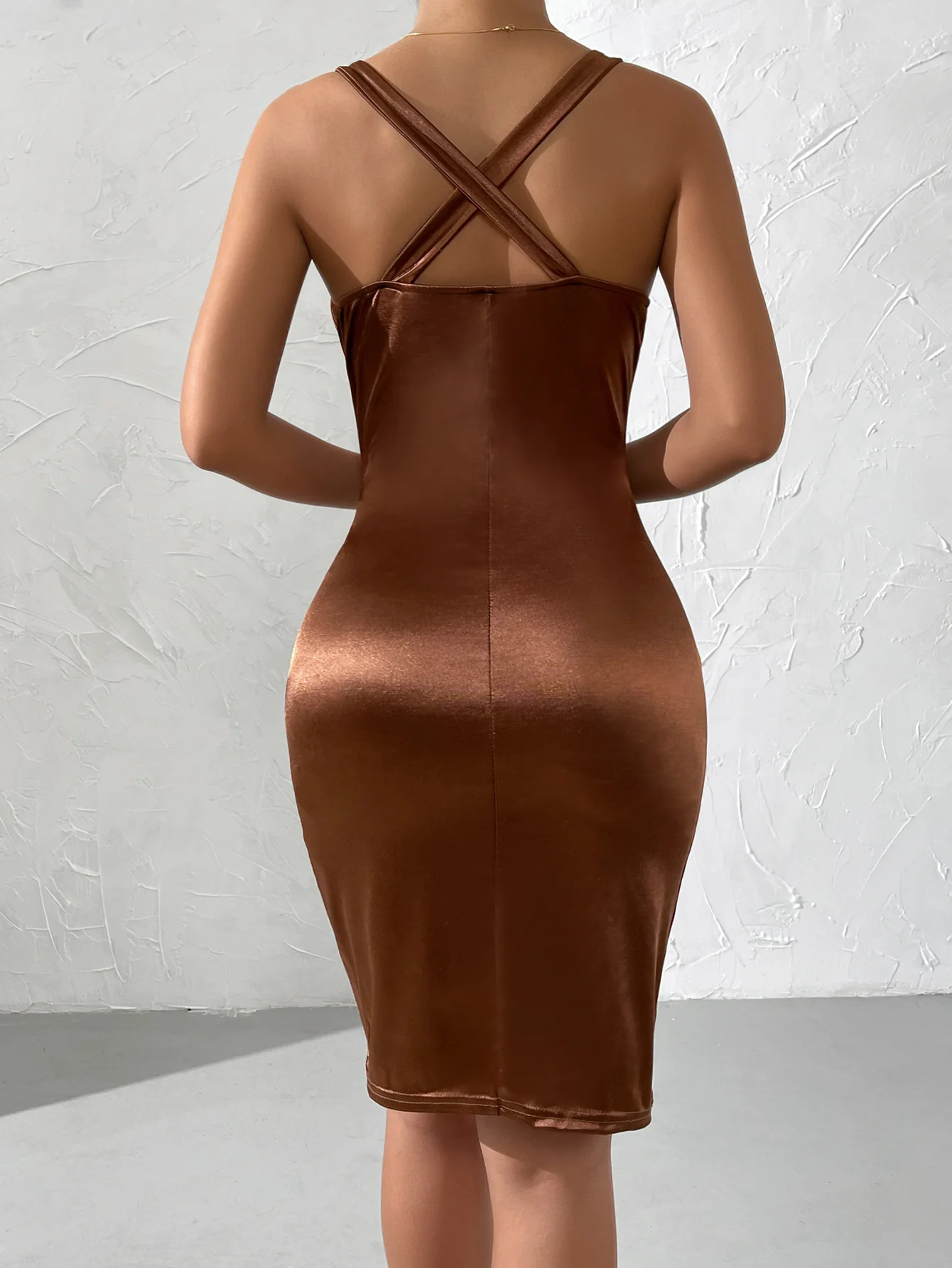 Ootddress Elastic Satin Deep V Neck Ruched Dress For Women Robe Summer Sleeveless Backless Bodycon Club Party Dress Vestido
