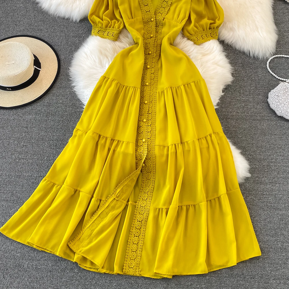 New Women Vintage Party Dress Summer Puff Sleeve Sexy V Neck Lace Single-breasted Long Dresses Ladies A Line Elegant Long Robe 25 New Women Vintage Party Dress Summer Puff Sleeve Sexy V Neck Lace Single-breasted Long Dresses Ladies A Line Elegant Long Robe