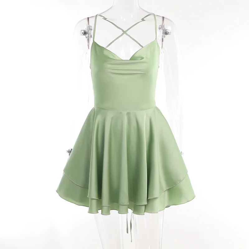 Ootddress Satin Spaghetti Strap Mini Dress For Women Robe New Sleeveless Backless Lace-up Short Dress Female Sexy Party Vestidos