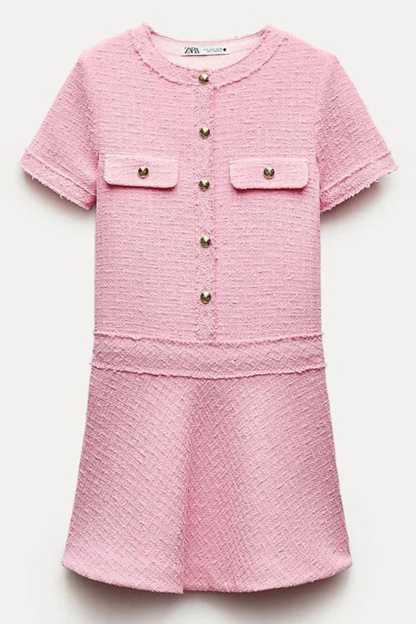 Metal Button Short Sleeve Round Neck Tweed Fit-and-Flare Mini Dress